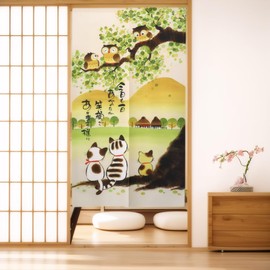 SAWABIYA Noren Noren Cute Cat Owl Japanese Modern Room Divider Curtain, Stylish, Mood Transform Pear, Long Blindfold, Light Blocking, Entrance, Stairs, Hallway, Living Room, Dressing Room, Bath,