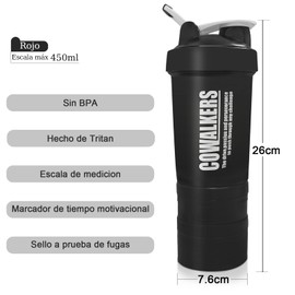 Botella Shaker para Proteina Gym de 650ml con Almacenamiento de Giro y Bloqueo De 3 Capas, 100% Libre de BPA Prueba de Fugas Fitness Deportes (Negro)