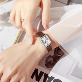 ALCENTIS Women's Rectangular Watch, White Dial, Roman Numerals, Leather Strap, Silver Chrome Case, Brown Strap - Chrome Case, Stylish