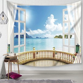 Gualiy Ocean Tapestry, Window View Sea Blue Sky Wall Hanging Made of Polyester Wall Towel Tapestry for Bedroom Living Room 350 x 256 cm