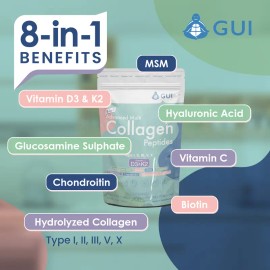GUI Wellness 8-in-1 Multi Collagen Peptides Powder – Type I, II, III, V, X with Biotin, Hyaluronic Acid, Vitamin D3 & K2 – Unflavored