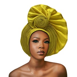 QliHut Nigerian Gele Headties with Beads and Stones African Headtie Women Head Wrap Already Made Auto (Yellow)