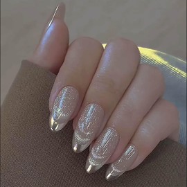 Gleamrain Medium Press on Nails Almond Shape with French Tip and Cat eye Effect Design Champagne Color False Nails, Comfortable to Press Ons, Suitable for Women and Girls for Daily Use
