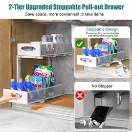 Housolution Under Sink Organizer, 2 Tier Metal Pull Out Under Sink Storage with Sliding Mesh Drawers, Height Adjustable Slide Out Under Sink Organizer Shelf for Kitchen Bathroom Cabinet, White