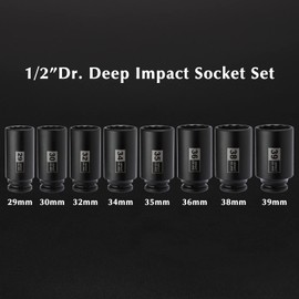 EMENTOL 8PCS 1/2" Drive Deep Spindle Axle Nut Impact Socket Set, CR-MO, 12 Point, Metric, Deep Socket Impact Socket Set-29,30 32, 34, 35, 36, 38, 39mm