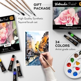 Nicpro Watercolor Paint Set for Adults, Kids, Beginner & Artists, 24 Tubes Water Color Paint Set with 25 Watercolor Paper, 8 Squirrel Paint Brushes, Palettes, Color Wheel, Art Painting Supplies