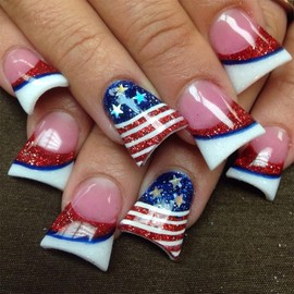 Duck Nails Press on 4th of July Fake Nails Short French Tip Acrylic Nails Glossy Glitter False Nails with Stars and Stripes Design Full Cover Stick on Nails Patriotic Glue on Nails for Women