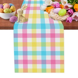 Linen Easter Blue Pink Yellow Buffalo Check Plaid Table Runner 72 Inches Long Spring Summer Holiday Farmhouse Table Decor for Dining Room Kitchen Home Party
