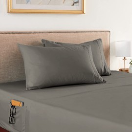Elegant Comfort 4-Piece Solid Smart Sheet Set-Deep Pocket Fitted Sheet with Side Storage Pockets-Silky Soft 1500 Thread Count Egyptian Quality Microfiber, Wrinkle and Fade Resistant, Twin XL, Gray