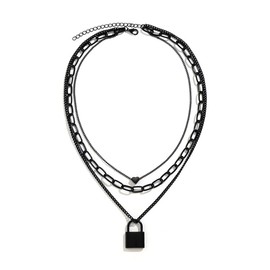 Caiyao Stacked Necklaces for Women Black Lock Chains Heart Grunge Layered Necklace Aesthetic Pendant Multilayer Choker, Metal, withoutgem