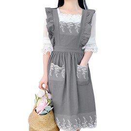 aromm Cute Cotton Apron Frilly Lace Ruffle Adjustable Pinafore Apron Dress with Pockets for Cooking Baking Cleaning Gardening, Pine Green, One Size