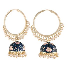 I Jewels 18k Gold Plated Indian Bollywood Festive Party Wear Enamel Pearl Hoop Jhumki Earrings for Women (E2915Bl)