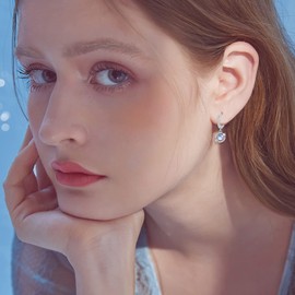 Moonstone Earrings 925 Sterling Silver - Planet Drop Folding Hoop Earrings for Children and Women - 14 mm Diameter - Small Moonstone Jewellery, Sterling Silver