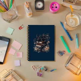 DOFQZ Black Fantasy Book Dragon Reading Spiral Notebook Writing Journal for Work, Bookish Bookworm Dragon Lovers Gifts for Women, Librarian Reader Gifts for Women, 5.5 x 8.3 Inches(Blue)