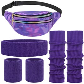 80s Outfit for Women Neon Leg Warmers Set Holographic Fanny Pack Headband Wristbands Set for Yoga Running Hiking (Purple)