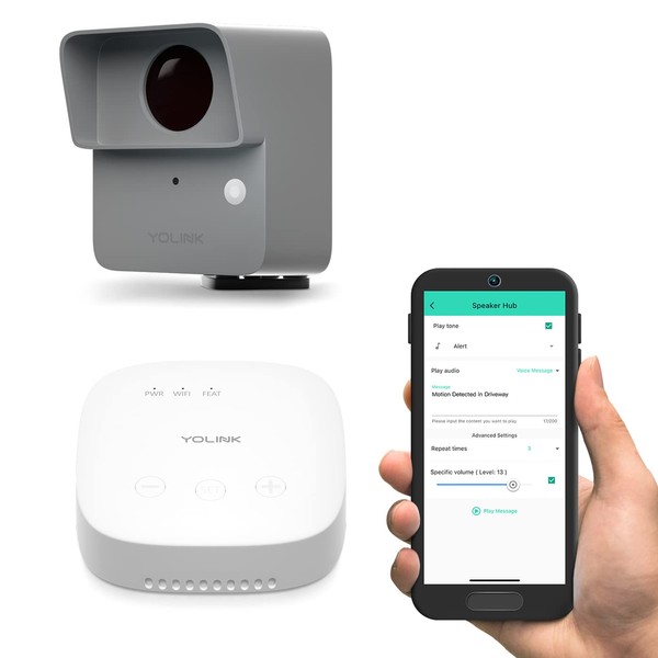 YoLink SpeakerHub & Outdoor Motion Sensor Smart Home and Security Kit, Driveway Alert – Audio Hub Plays Tones/Sounds, Spoken Messages, LoRa-Powered ¼ Mile Range, WiFi Required