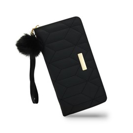 WisePoint Women's Wallets, PU Leather Ladies Wallet Wristlet Wallets for Women with Wrist Strap, Large Capacity Travel Wallet Womens Wallet with Plush Ball for Shopping, Dating, Work (Black)