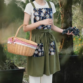 Pinknoke Pinknoke Vintage Pinafore Apron Dress for Women with Pockets Cute Floral Chef Aprons for Kitchen Cooking Baking Gardening (Olive Green)