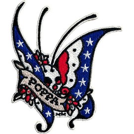 Death's Head Butterfly Moth - Red, White and Blue with Poppa Banner - Embroidered Iron On or Sew On Patch