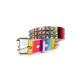 Rainbow Holographic Three Row Black Pyramid Stud Rave Studded Belt Vegan Punk Goth (M)