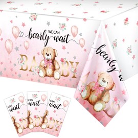 Mantel de Ducha de Bebé de Oso de Plástico Podemos Esperar Globo de Oso Cubierta de Mesa de Flor de Estrella para Niños Cumpleaños, 54 x 108 Pulgadas (Rosado, 3 Paquetes)