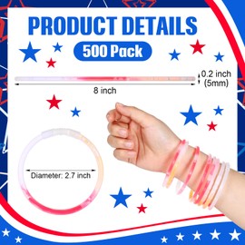 Meooeck 500 Pcs 8'' 4th of July Glow Sticks Bulk with Connectors Red White Blue 3 Colors in 1 Glow in The Dark Sticks Light up Bracelets Necklaces for Kids Adults Independence Day Patriotic Party