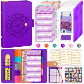 Aocii Budget Planner German Budget Binder A6 - Budget Planner Financial Planner, Household Book with Money Compartments, Money Saving Folder, Cash Stuffing German, Money Organiser (Purple)