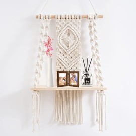 lomonmen Boho Wall Hanging, Macrame Shelf, Boho Decorative Wall, Hand-Woven Floating Shelf, Boho Shelf for Living Room, Bedroom, Balcony, Hallway