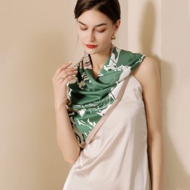 LumiSyne Women's Square Silk Scarf 90 x 90 cm Colourful Colour Blocking Artistic Rose Flowers Lightweight Silk Scarf Headscarf Decorative Bandana Hair Scarf, Green