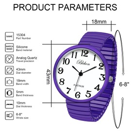 Blekon Collections New Super Large Face Stretch Band Japanese Movement PC21J Fashion Watch (Lavender)