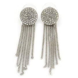 Silver Tone Clear Crystal Pave Set Button with Multi Chain Drop Earrings/ 60mm L
