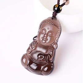HLbshi Natural black obsidian rainbow obisidan ice obsidian Maitreya launghing buddha necklace Amulet pendant bead chain (Ice obsidian baby buddha)