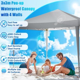 TOOLUCK 10x10 Pop Up Canopy Tent Waterproof Outdoor Party Tent Canopy Tents for Parties Camping Commercial Event Gazebo Portable Tent for Backyard Wedding, Grey