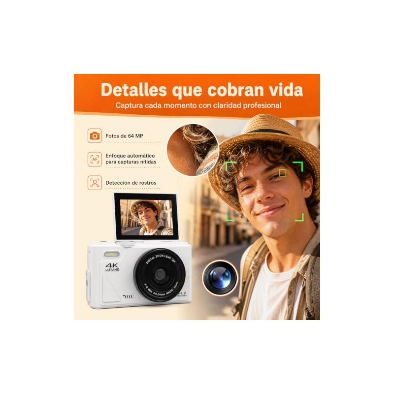Sanpyl Cámara Digital 4K 64MP, 18X Zoom Vlogging con Pantalla
