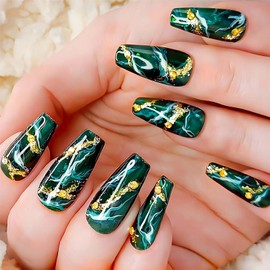 RUOKEXIN Medium Press on Nails Coffin Fake Nails with Glue Green Acrylic False Nails with Rhinestones Designs Gold Glitter Nails Press ons Marble Pattern Artificial Nails Stick on Nails for Women