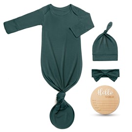 Hello World Newborn Knotted Gown 0-3 Months, Coming Home Outfit Baby Bamboo Viscose Sleeper with Hat,Headband,Wooden Sign