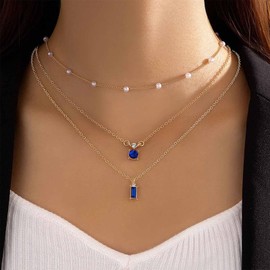 Enautoabs Boho Layered Sapphire Necklace Choker Gold Pearl Chain Necklace Blue Sapphire Choker Necklace Vintage Square Crystal Necklace Jewelry for Women