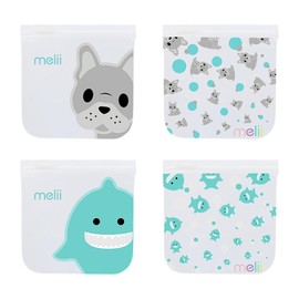 melii Reusable Sandwich & Snack Bags for Kids & Adults, Food Storage, Organization & Meal Prep Containers, Leakproof, BPA free, 4 Pack, 2 Bulldog & 2 Shark