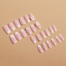 24 Pcs Spring Press on Nails Medium Square,YIHONGYAN 3D Rhinestones Cute Bow Flowers Fake Nails Press ons Pink French Nail Tip Acrylic Kit Glue on Nails Full Cover False Nails Stick on Nails for Woman