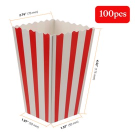 CHUEHKAK Pack of 100 Popcorn Boxes, Popcorn Bags, Small Popcorn Box, Striped, Red Popcorn Bags, White, Foldable Popcorn Bags, 11.5 cm x 7 cm, for Family Party, Cinema, Birthday Party