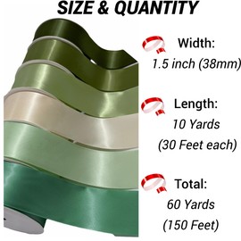 Kiran Collections-1.5-Inch x 60 Yards 6 Colors Green Satin Ribbon for Gift Wrapp ing, Christmas Ribbon Solid Fabric Ribbon, Baby Bows, Wedding Birthdays Party Decoration, Crafting Bouquet Ribbon, 6 Rolls Assorted Colors, 10 Yards/Roll
