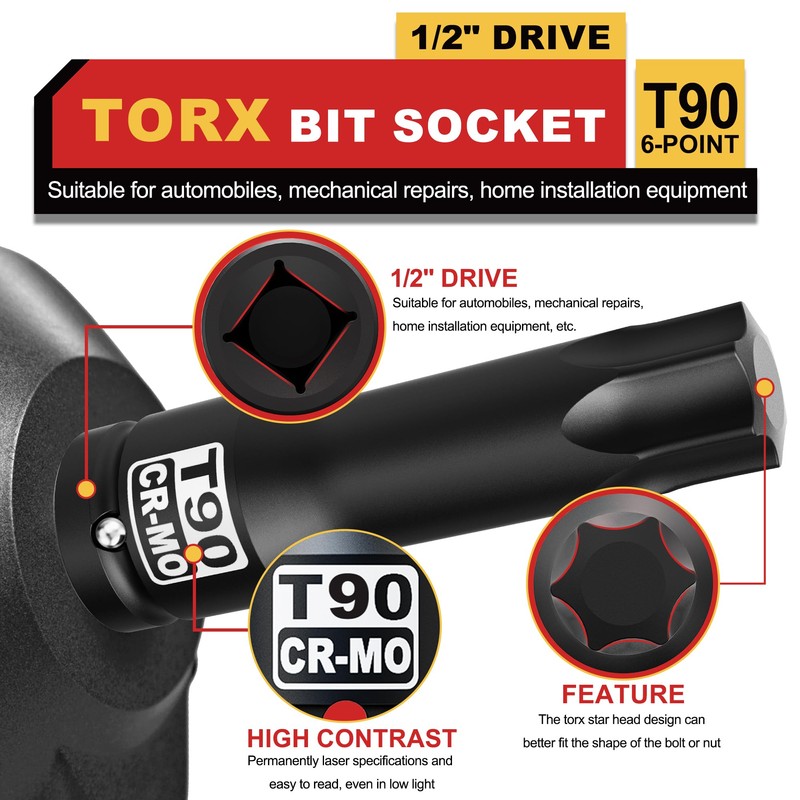 KIRXST 1/2" Drive T90 Torx Bit Socket, 6 Point Star