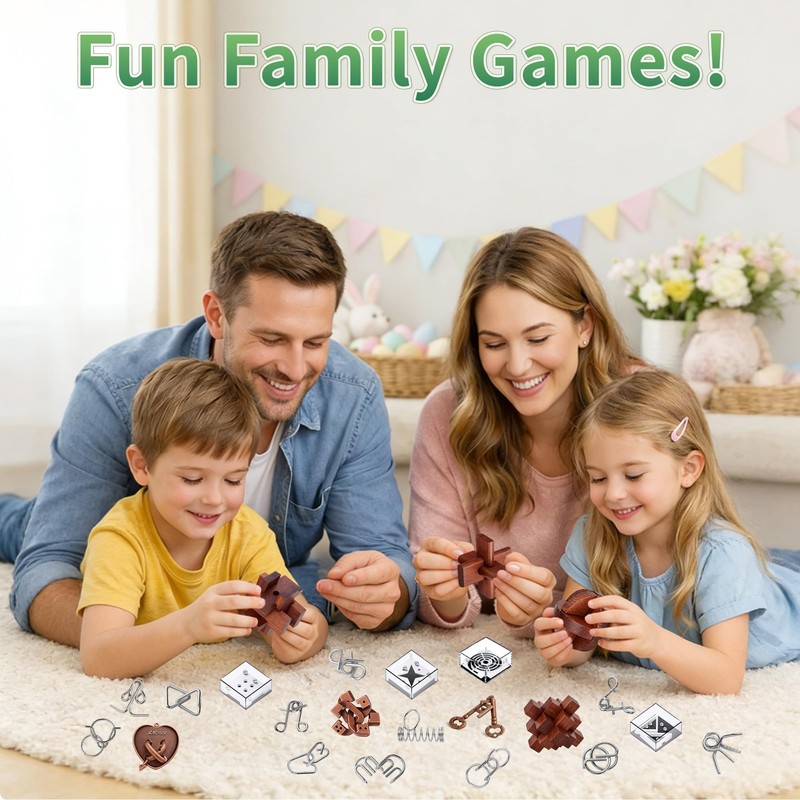 TAHAVICE 24 PCS Brain Teaser Puzzles Set, Wooden & Metal