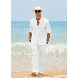 Ryannology Men 2 Piece Linen Sets Outfits Drawstring Pants Button Down Long Sleeve Shirts Casual Beach Wedding Fashion Sets