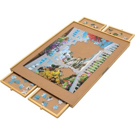 Bits and Pieces Jigsaw Puzzle Board with Drawers, Puzzle Board 1000 Pieces, 22 Inch x 30 Inch Wooden Tray Table with 4 Organizing Piece Sorting Trays, Portable, Easy Storage for Puzzles