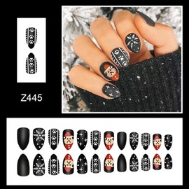 Christmas Press on Nails Short Almond Fake Nails Black Full Cover Matte Acrylic Nails with Cute Dog Snowflake designs Matte Artificial False Nails Full Cover Cute Holiday Nails for Women 24Pcs