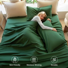 NUMWELL Linen Sheet Set Queen Size, Linen Cotton Blend Sheets Set 4pcs, 1 Flat Sheet, 1 Fitted Sheet & 2 Pillowcases, Cooling Breathable Farmhouse Bedding, Forest Green