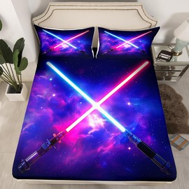 Manfei Lightsaber Sheet Set Twin Size Light Saber Sword Bedding Set for Kids Boys Teen Room Decor, Blue Purple Starry Sky Bed Sheet Set 3pcs with Deep Pocket Fitted Sheet + Flat Sheet + 1 Pillowcase