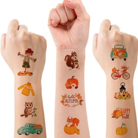 95 Pieces Fall Temporary Tattoos for Kids, 10Sheets Autumn Harvest Thanksgiving Temporary Tattoo Stickers With Pumpkin Maple Leaves Squirrels Deer Design for Fall Party Decorations Favors Festival