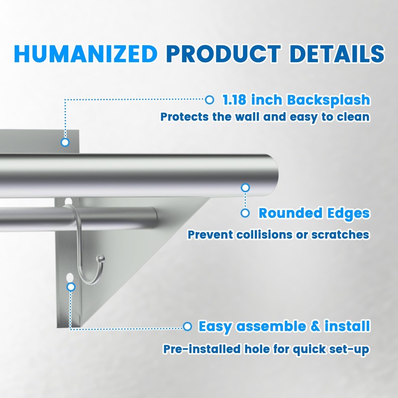 Treshin Stainless Steel Shelf with 6 Hooks 14 x 48